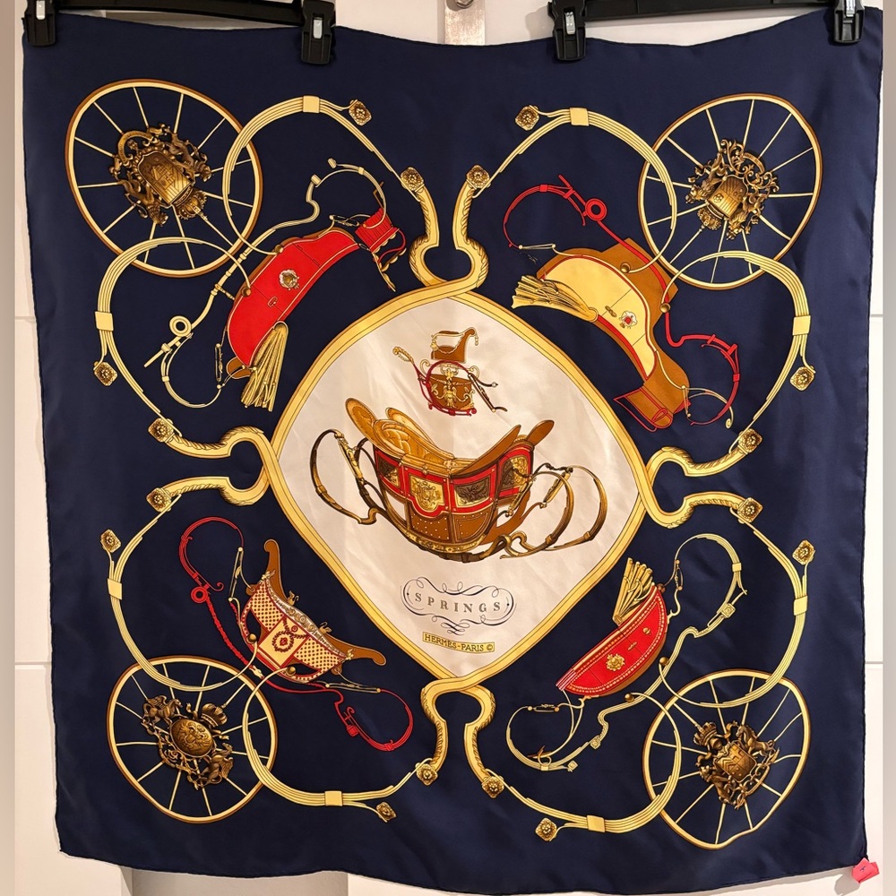 Authentic HERMES Carre 90 Scarf "SPRINGS" Silk Navy